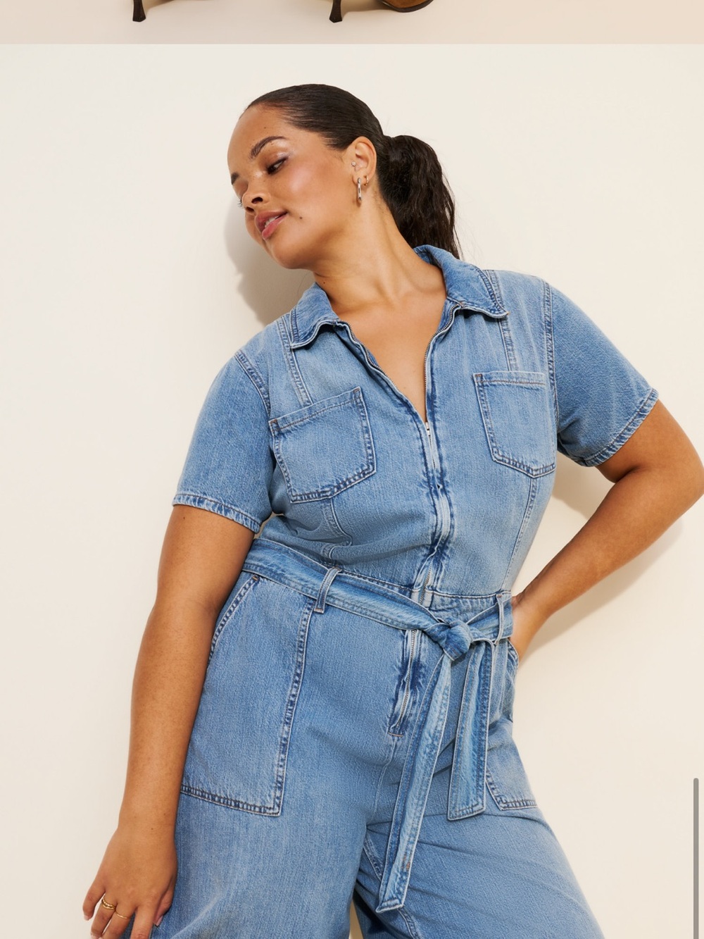 Good American Blue Denim Midi Jumpsuit Dress